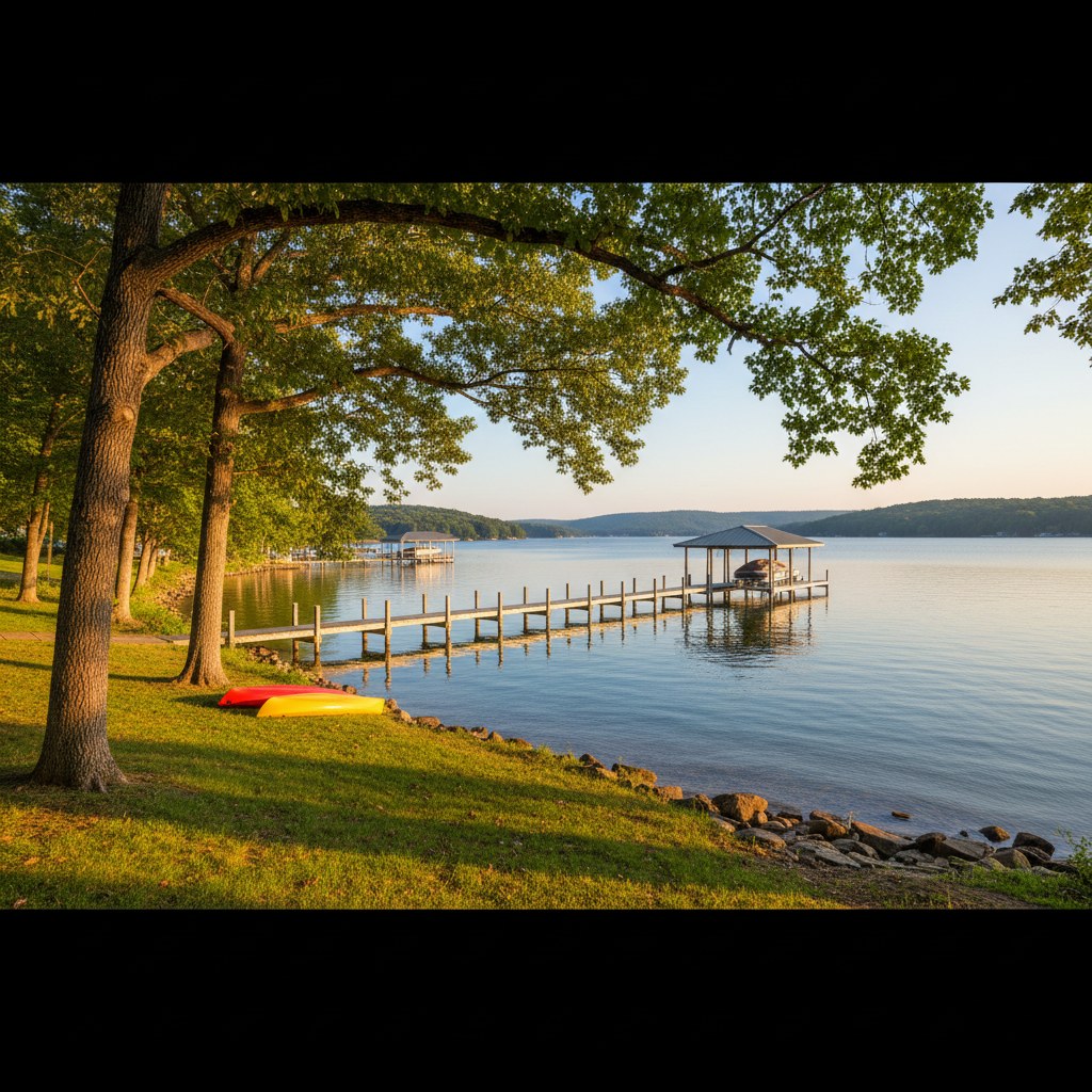 Lake Norman lakefront yard with mature trees and a wooden boat dock